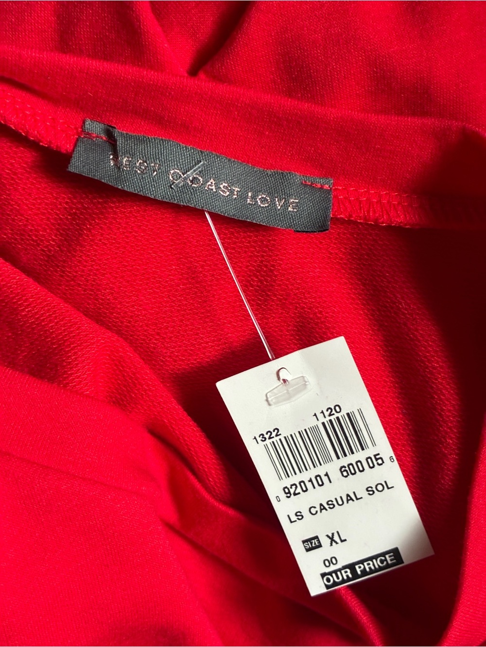 NWT West Coast Love Red Long Sleeve Casual Tee Top with Front Tie XL - Picture 4 of 5